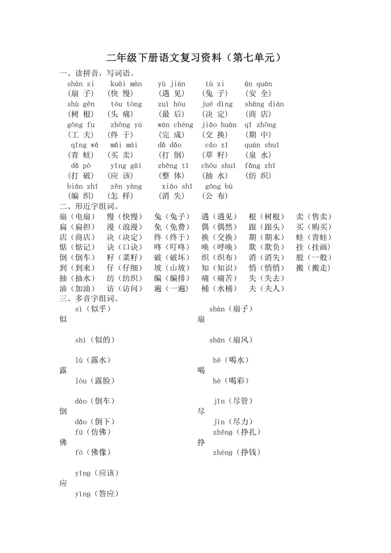 图片[1]-二年级语文下册第七单元复习资料-简单街-jiandanjie.com