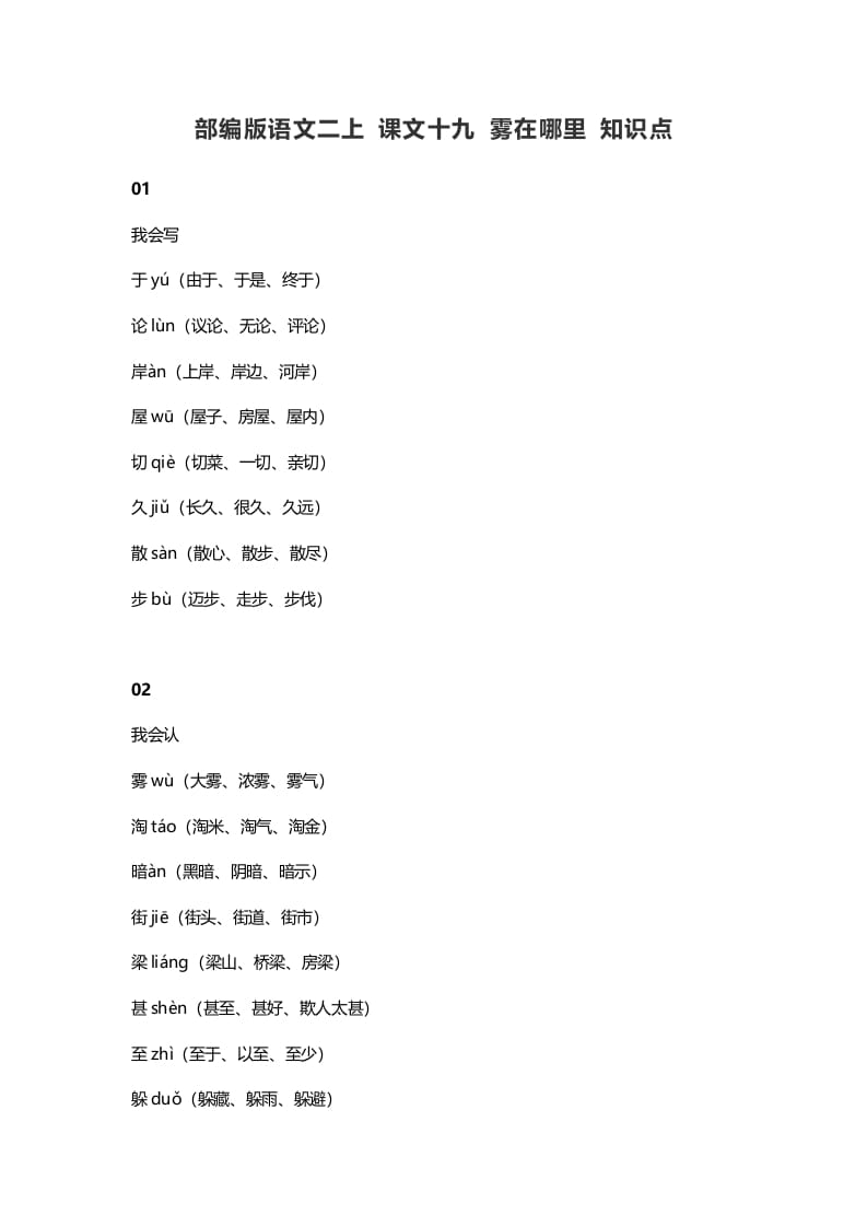 图片[1]-二年级语文上册23二上课文十九雾在哪里知识点（部编）-简单街-jiandanjie.com