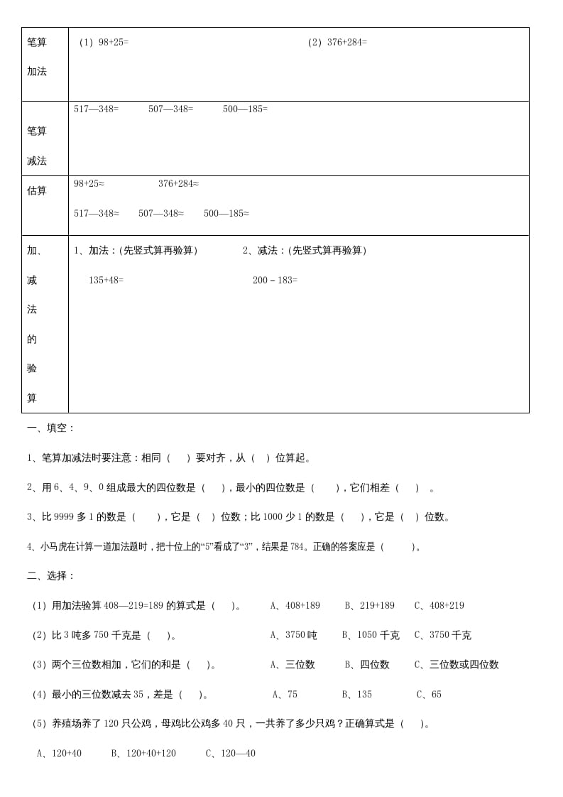 图片[1]-三年级数学上册第二单元_万以内的加法和减法_知识要点及复习题[1]（人教版）-简单街-jiandanjie.com