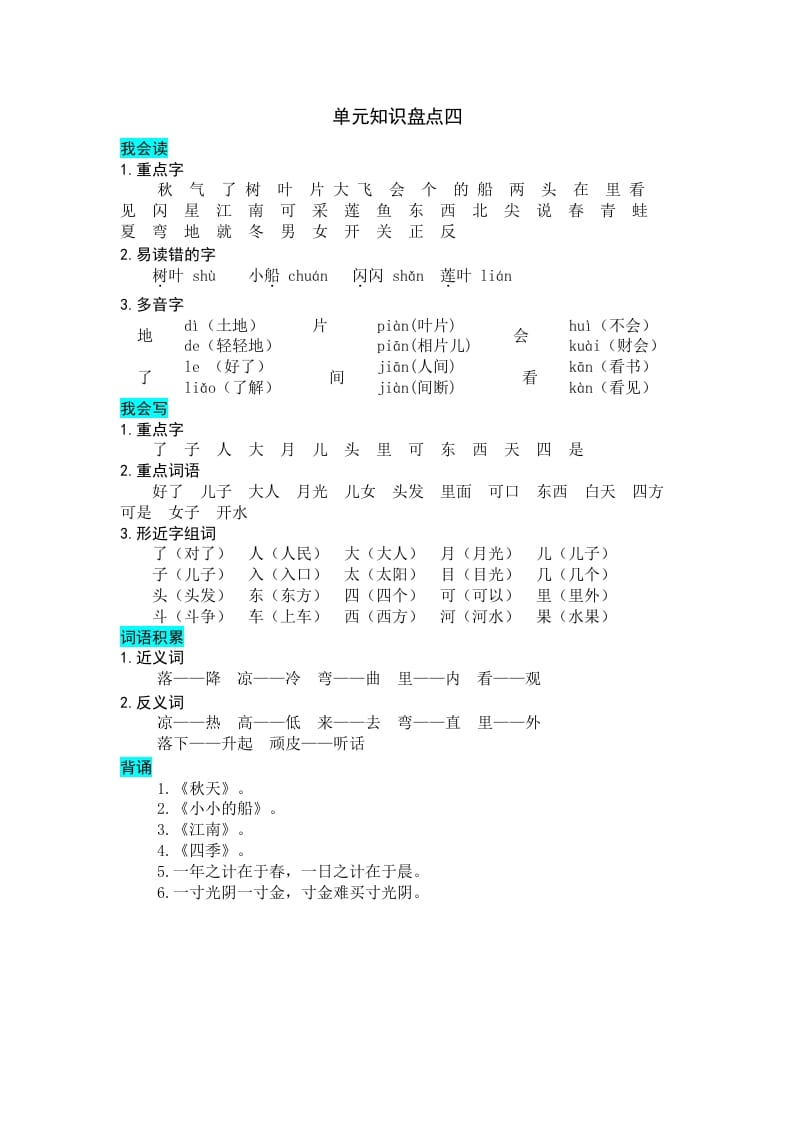 图片[1]-一年级语文上册第四单元知识盘点（部编版）-简单街-jiandanjie.com