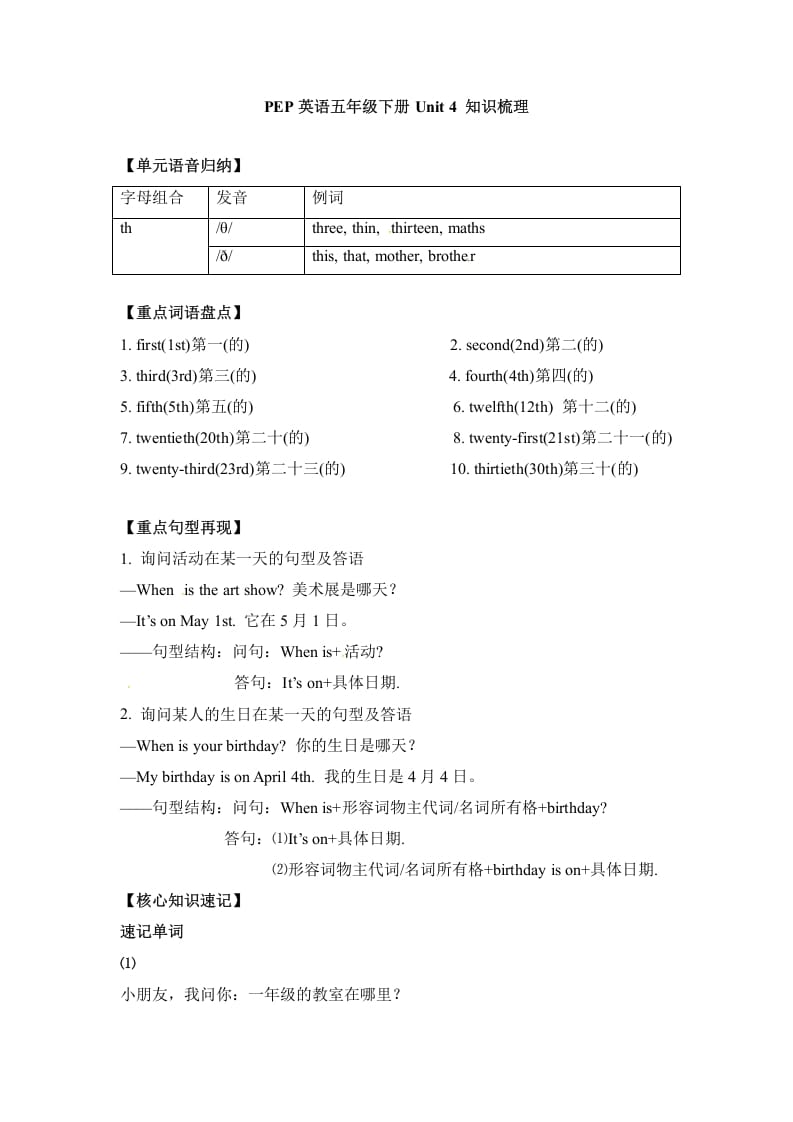 图片[1]-五年级数学下册英语单元知识梳理-Unit4Whenistheartshow人教PEP-简单街-jiandanjie.com