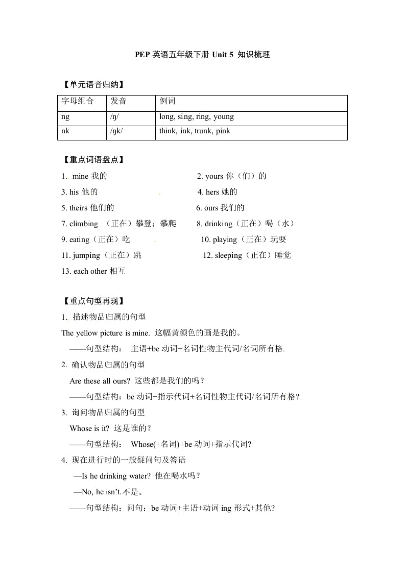 图片[1]-五年级数学下册英语单元知识梳理-Unit5Whosedogisit人教PEP-简单街-jiandanjie.com