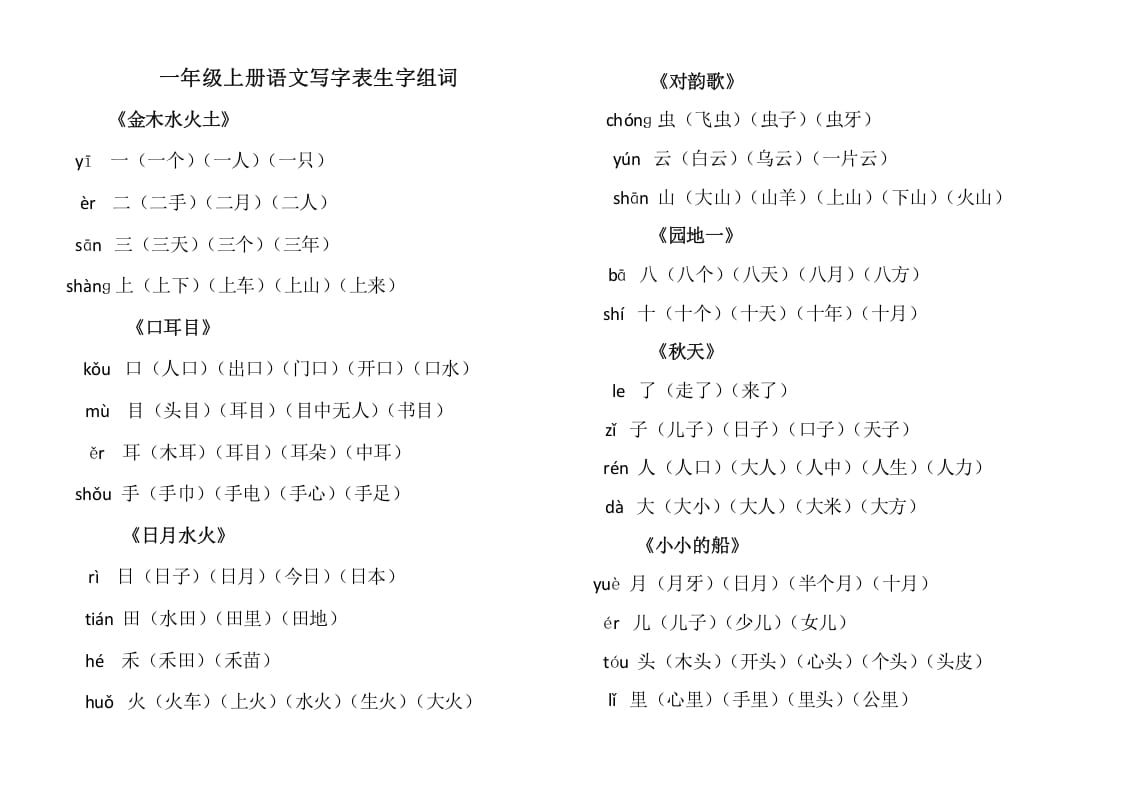 图片[1]-一年级语文上册上写字表生字组词（部编版）-简单街-jiandanjie.com