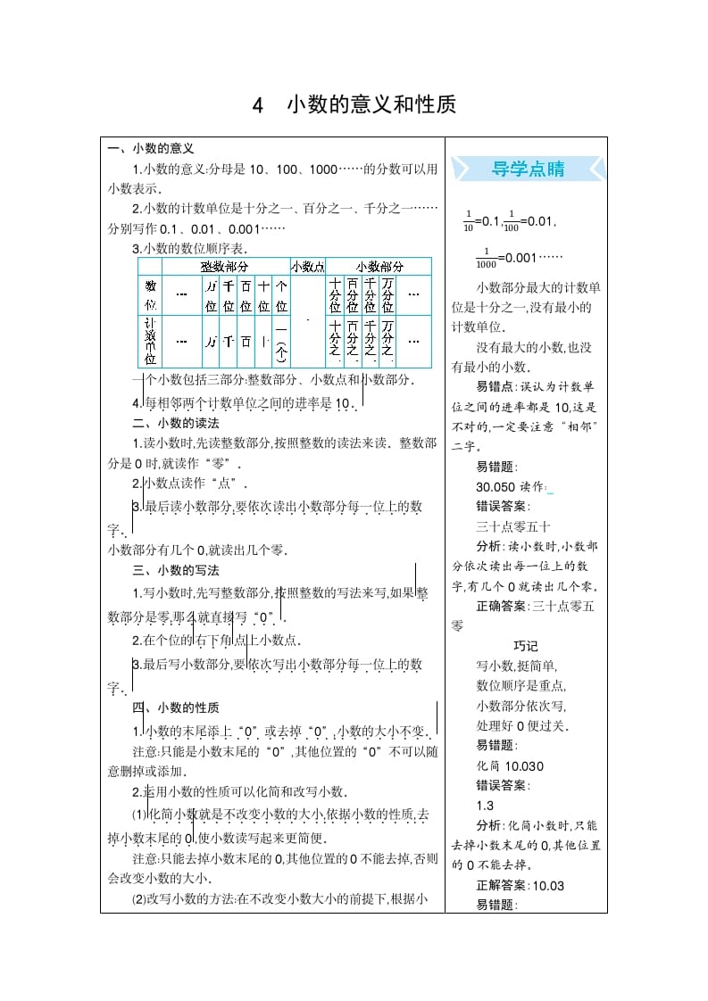 图片[1]-四年级数学下册4.小数的意义和性质-简单街-jiandanjie.com