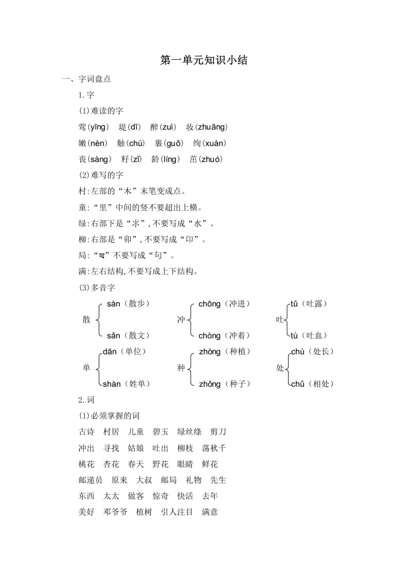 图片[1]-二年级语文下册第一单元知识小结-简单街-jiandanjie.com