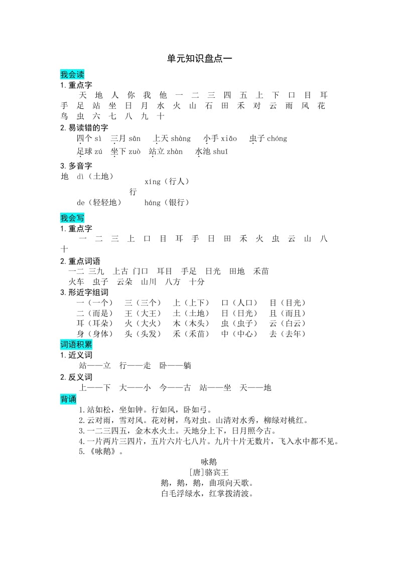 图片[1]-一年级语文上册第单元知识盘点（部编版）-简单街-jiandanjie.com