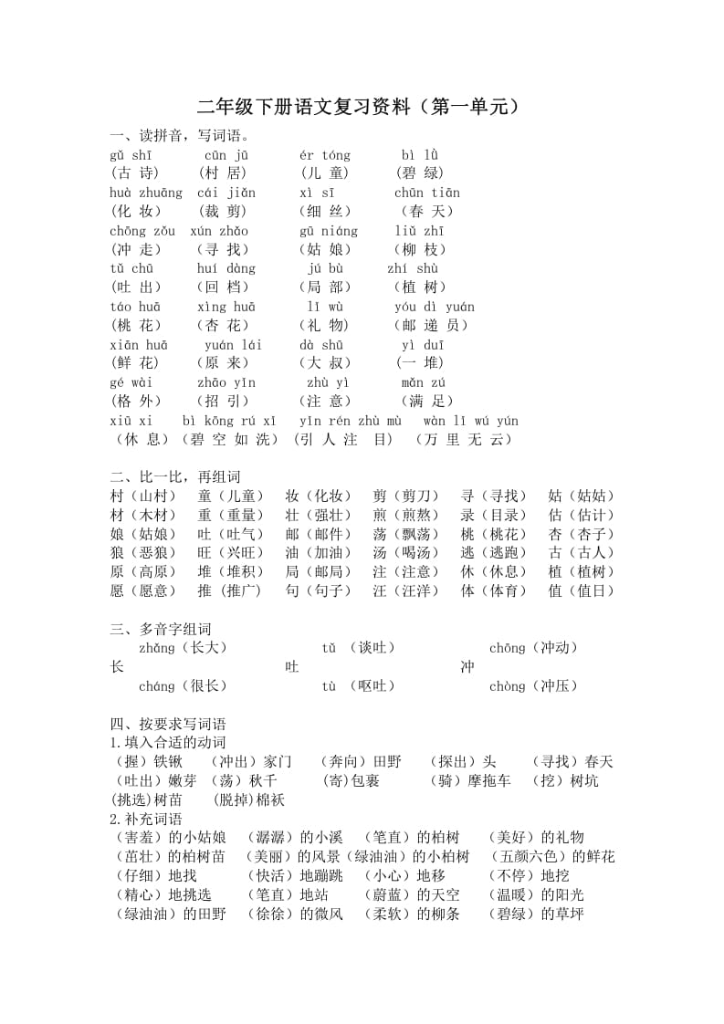 图片[1]-二年级语文下册第一单元复习资料-简单街-jiandanjie.com