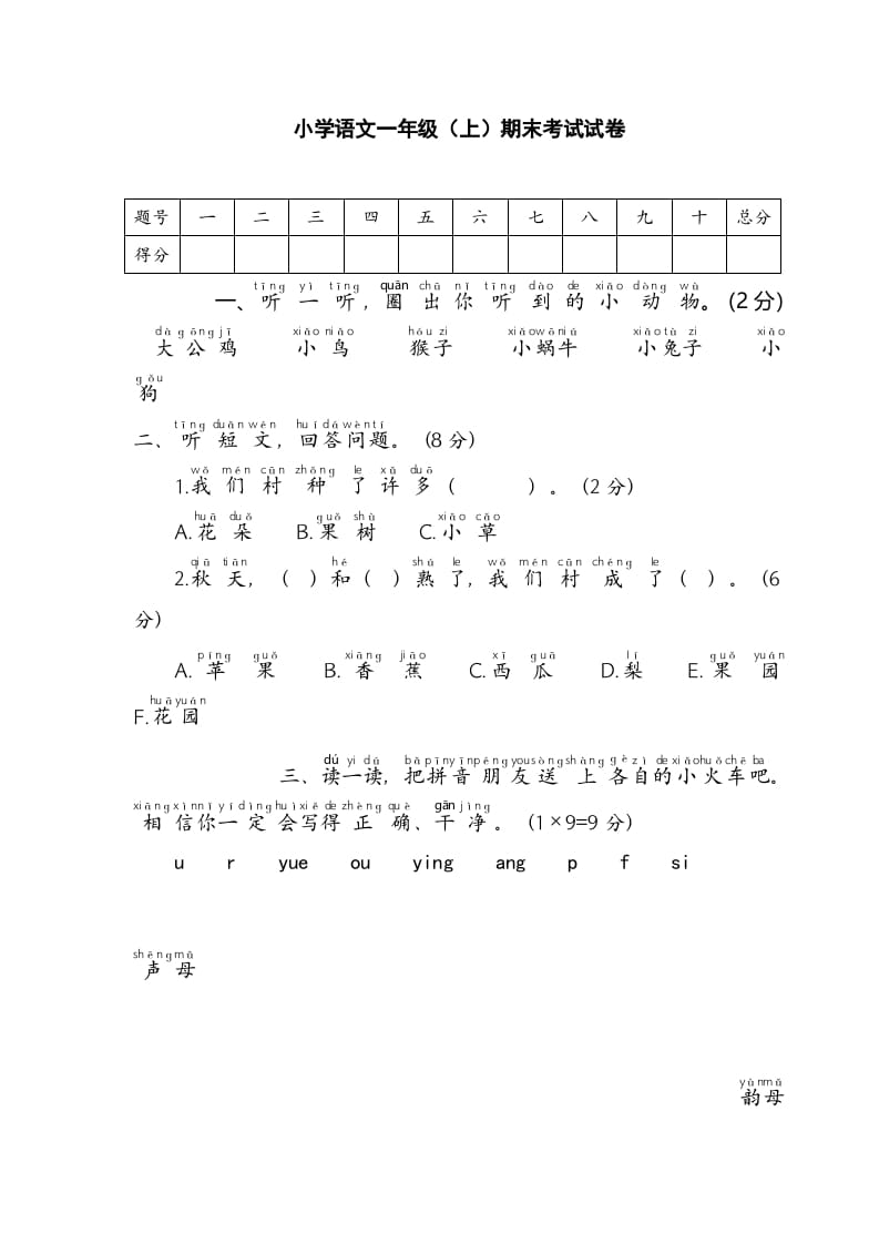 图片[1]-一年级语文上册期末测试(2)（部编版）-简单街-jiandanjie.com