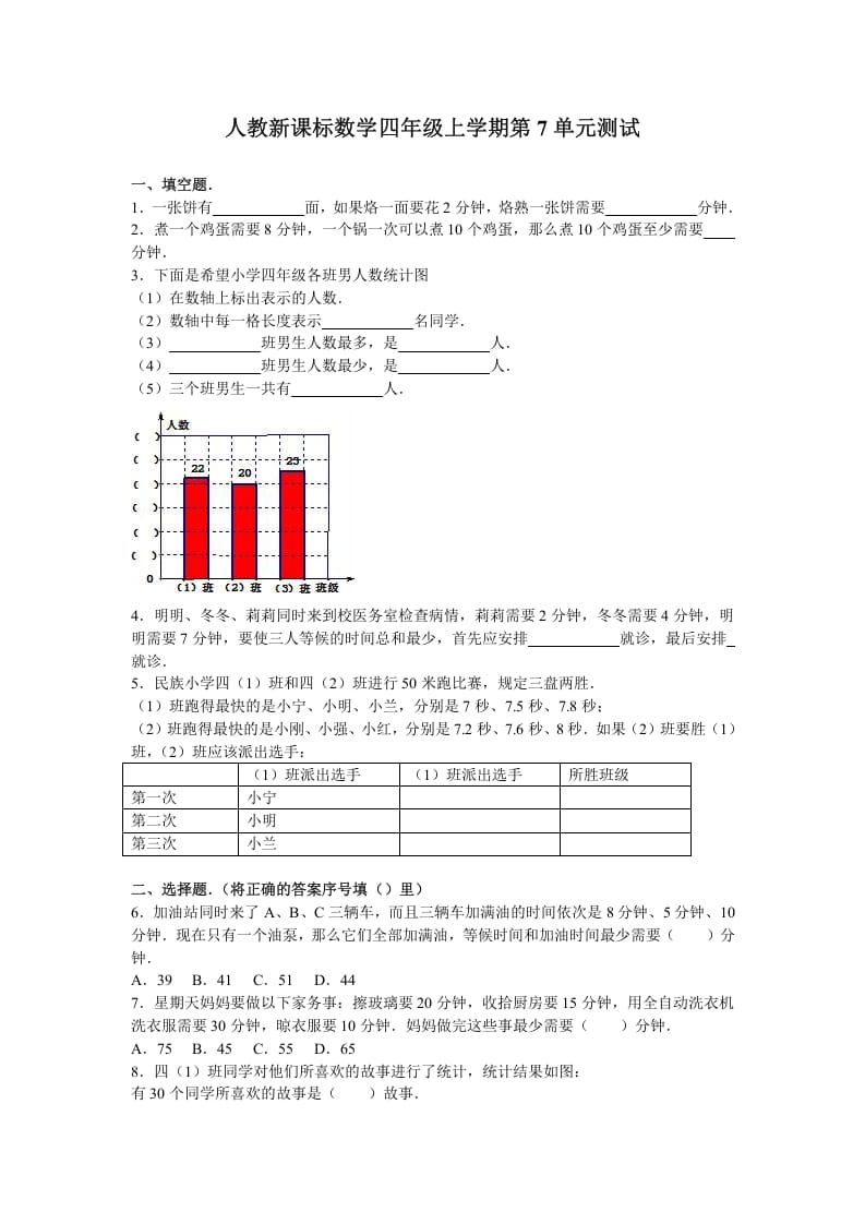 图片[1]-四年级数学上册第7单元测试卷1（人教版）-简单街-jiandanjie.com