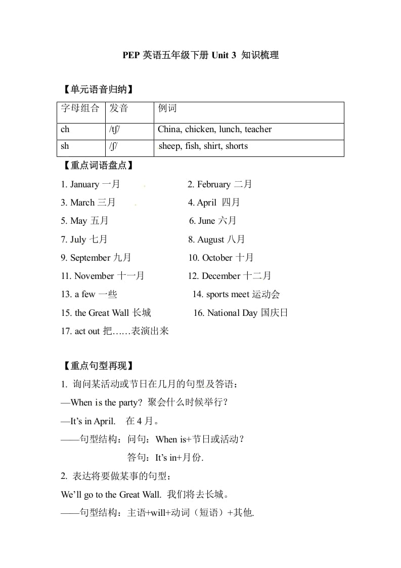 图片[1]-五年级数学下册英语单元知识梳理-Unit3Myschoolcalendar人教PEP-简单街-jiandanjie.com