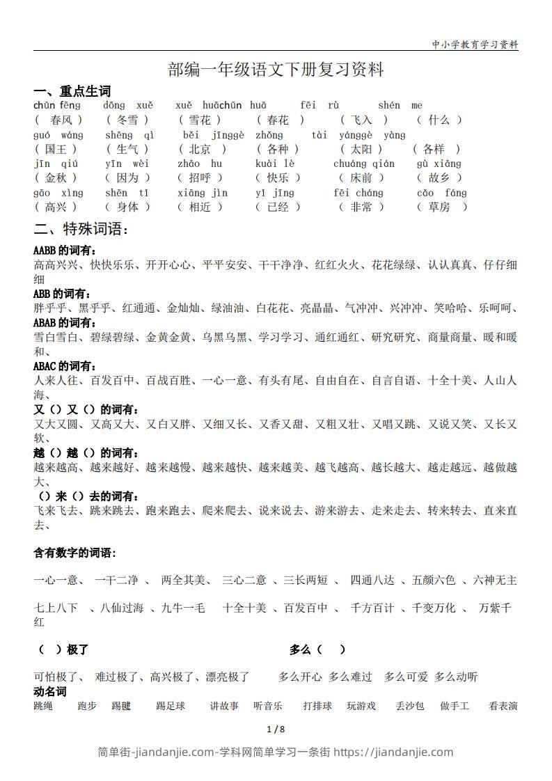 图片[1]-一年级语文下册复习资料(全面、经典)-简单街-jiandanjie.com