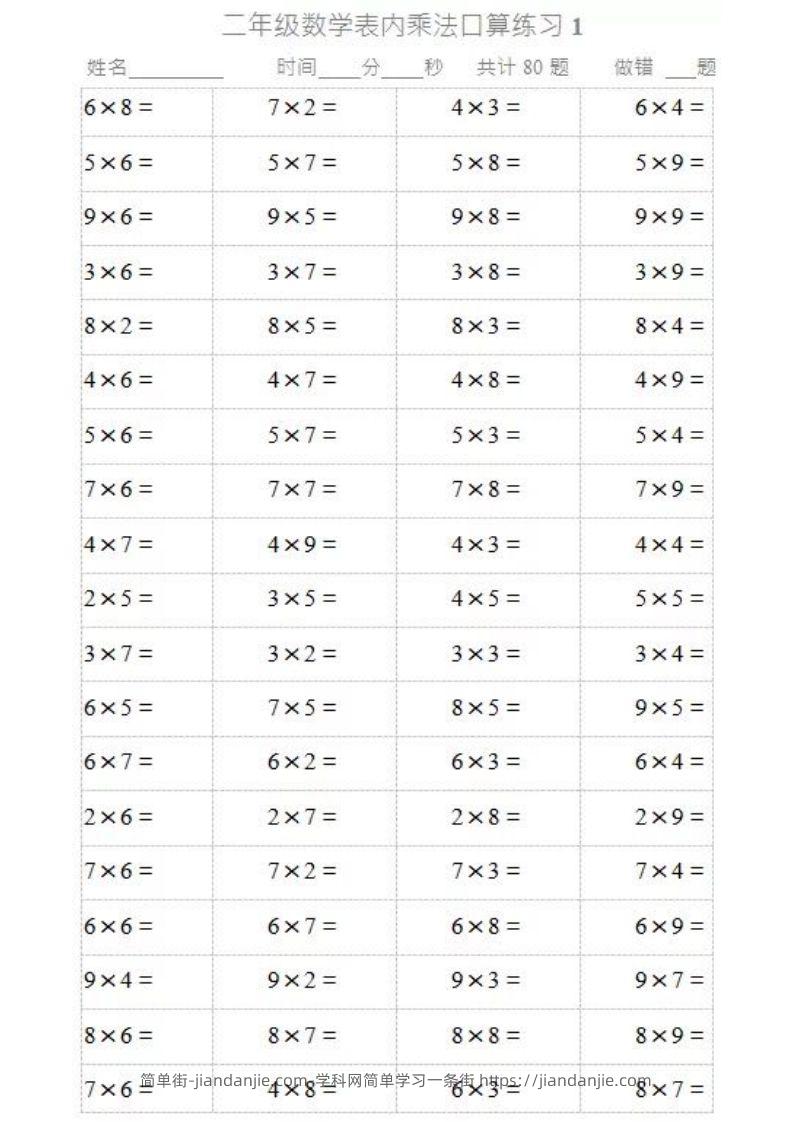 图片[1]-二上数学乘法口算题卡2-简单街-jiandanjie.com