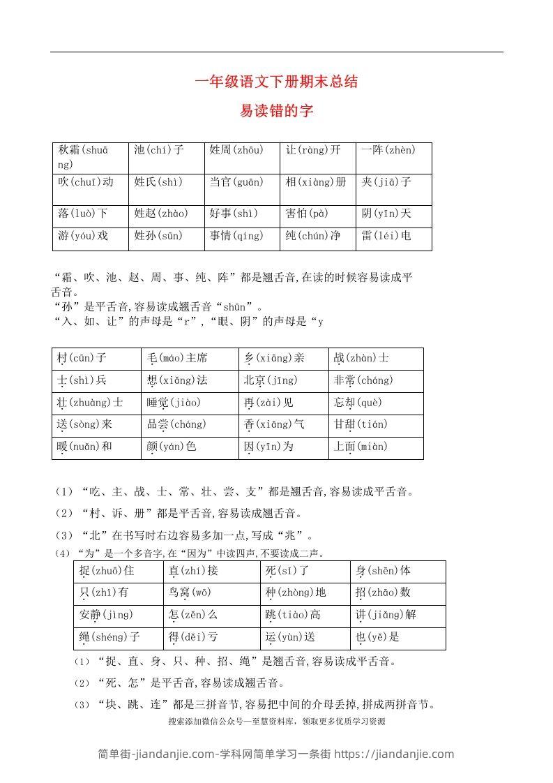 图片[1]-一年级语文下册期末总结—易读（写）错的字-简单街-jiandanjie.com