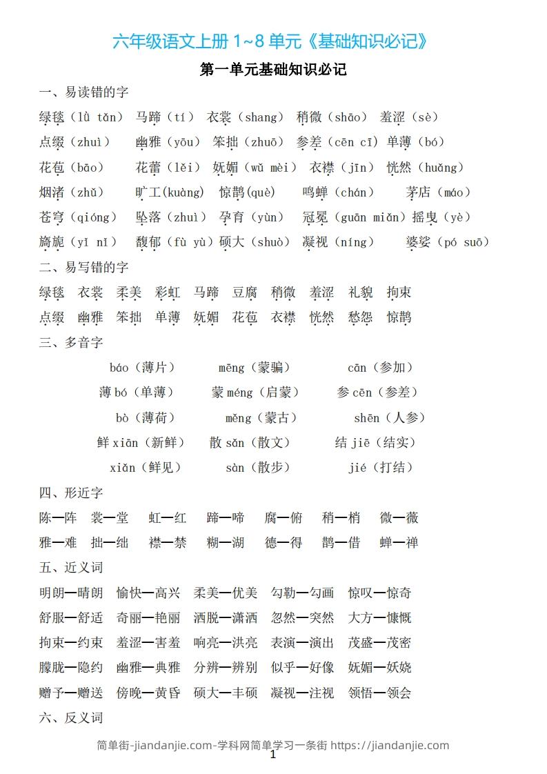 图片[1]-说明书指南 六年级上册语文： 1~8单元基础知识必记 由 说明书指南 整理