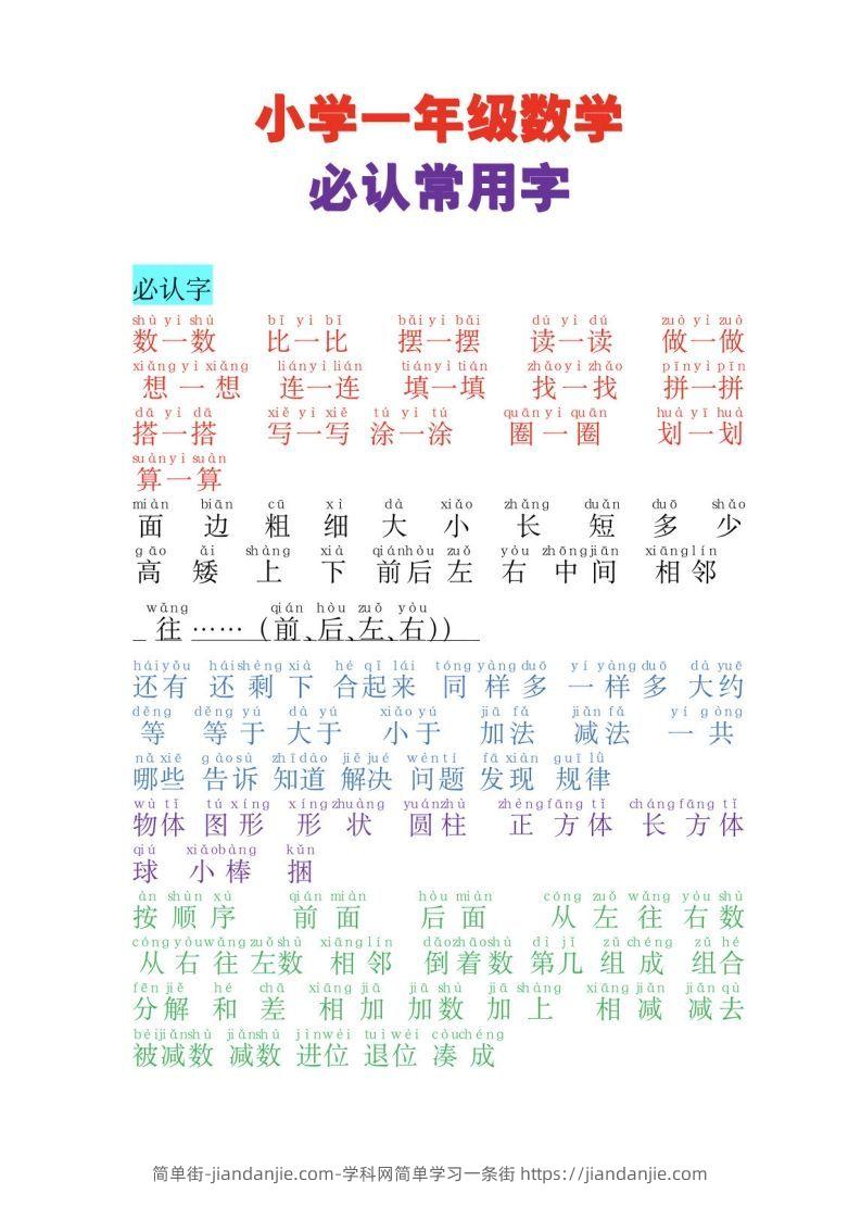 图片[1]-一年级数学必认常用字-简单街-jiandanjie.com