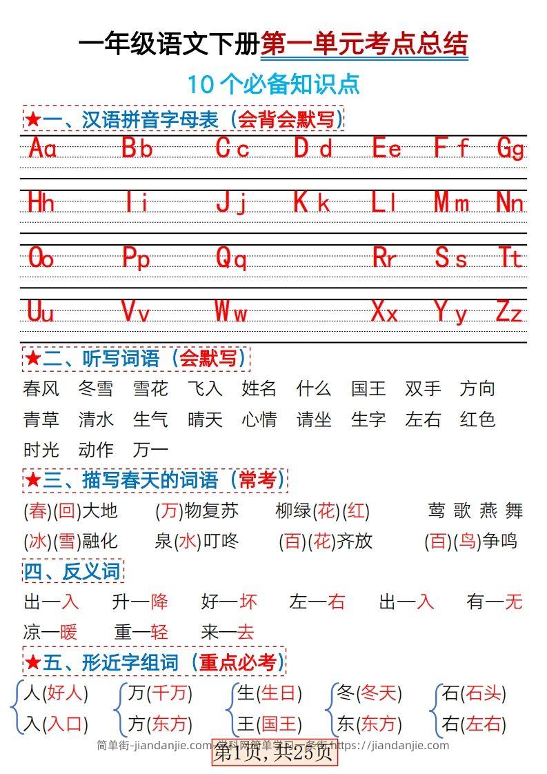 图片[1]-★3.7一年级语文下册1-4单元考点总结-简单街-jiandanjie.com