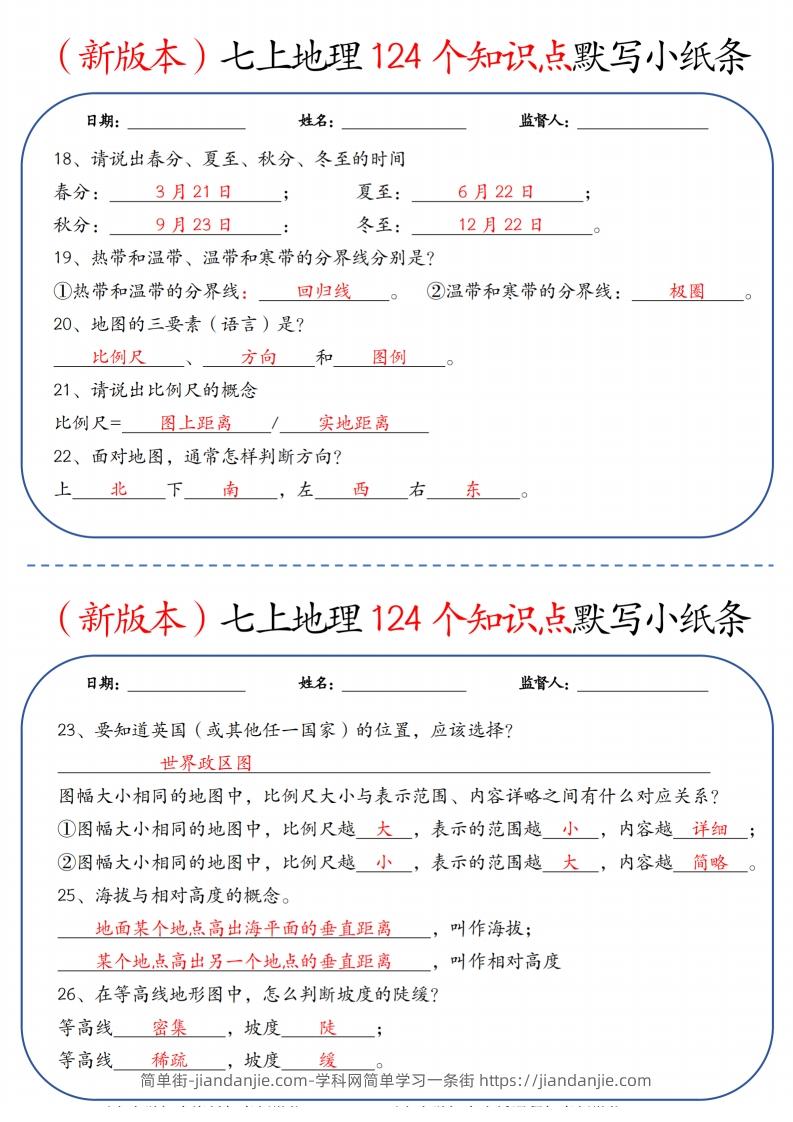 图片[3]-七年级上学期地理124 个知识点默写小纸条