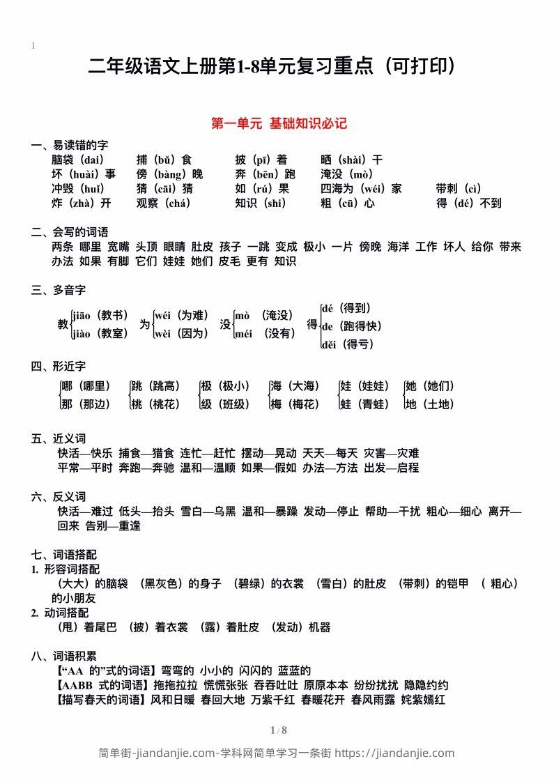 图片[1]-二上语文单元期末复习重点-简单街-jiandanjie.com