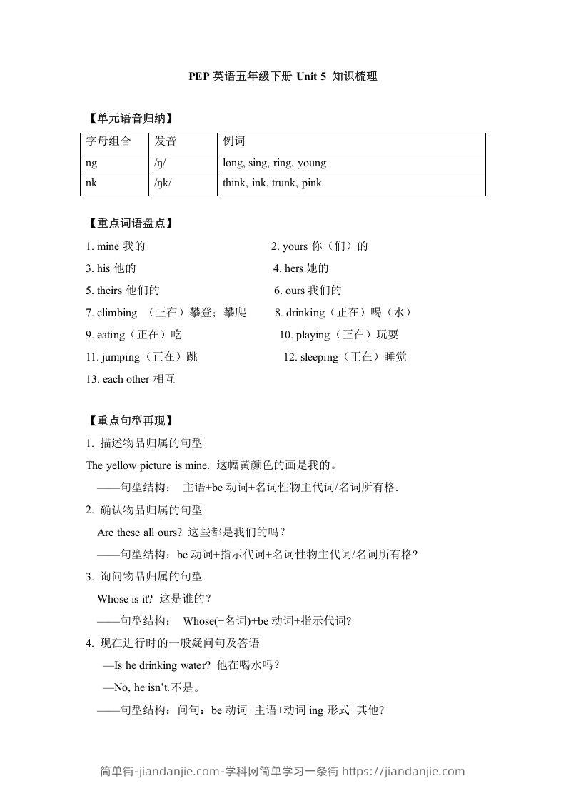 图片[1]-五年级英语下册单元知识梳理-Unit5Whosedogisit（人教PEP版）-简单街-jiandanjie.com