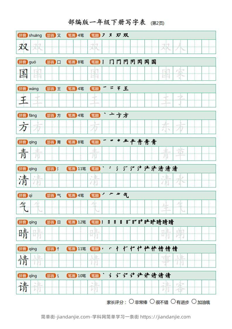 图片[2]-一年级语文下册写字表(笔顺)（20页）PDF（部编版）-简单街-jiandanjie.com