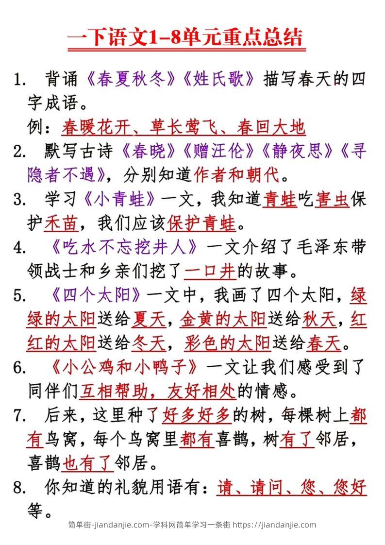 图片[1]-【1-8单元重点总结】一下语文-简单街-jiandanjie.com