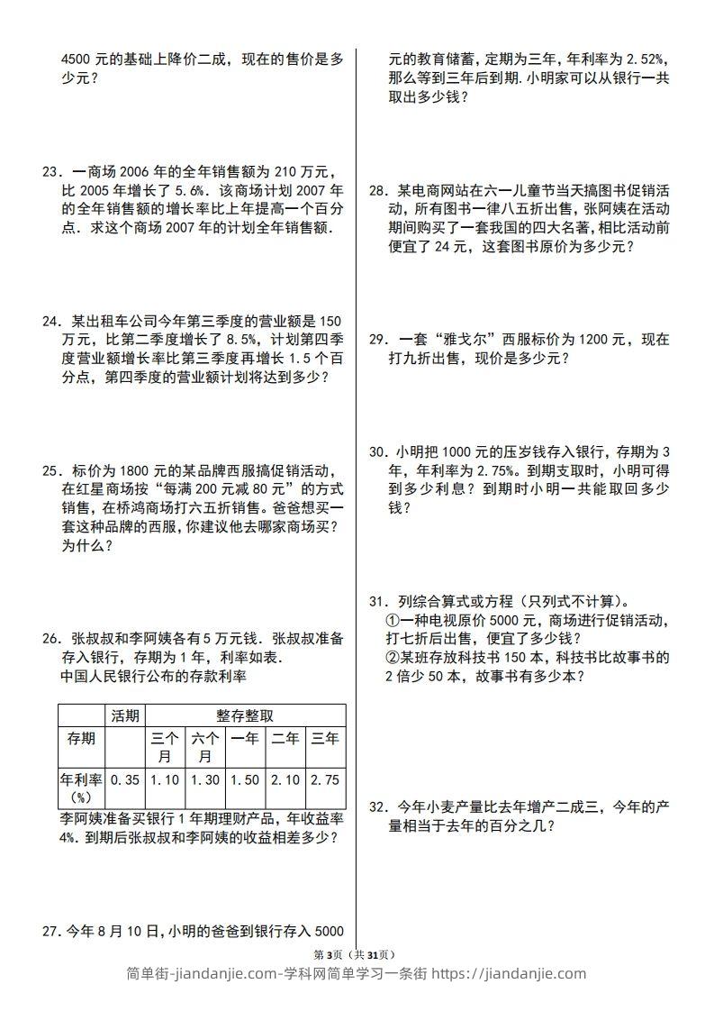 图片[3]-六年级数学上册百分数应用题60题-简单街-jiandanjie.com