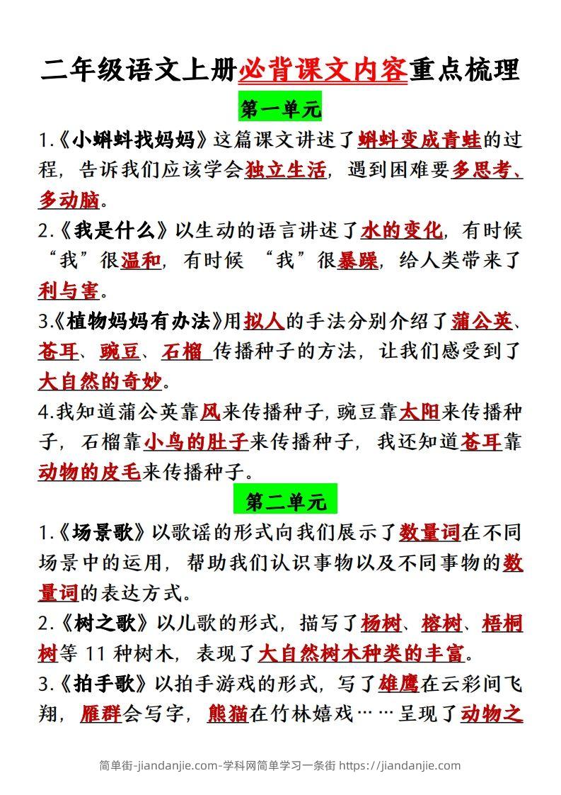 图片[1]-【单元必背课文内容重点梳理】二上语文-简单街-jiandanjie.com