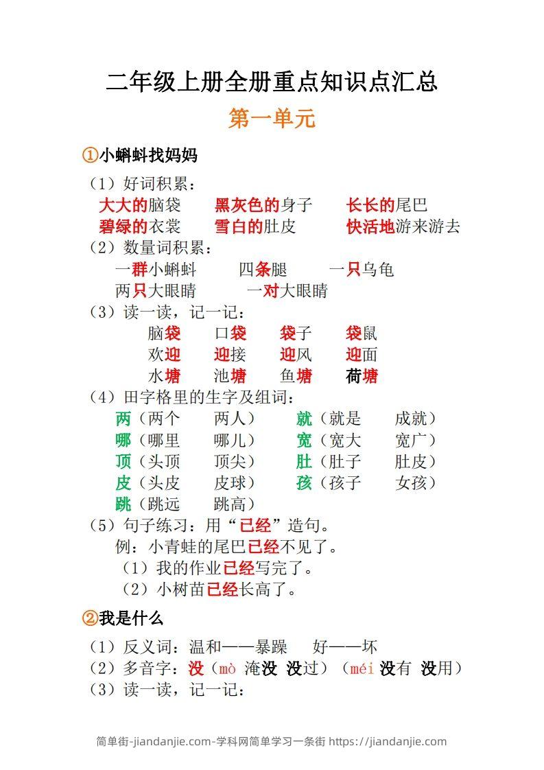 图片[1]-二年级上册语文全册每课重点知识点汇总()-简单街-jiandanjie.com