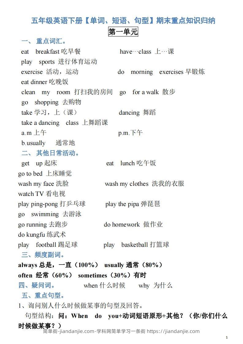 图片[1]-五年级英语下册素材-单词、短语、句型期末重点知识归纳（人教PEP版）-简单街-jiandanjie.com