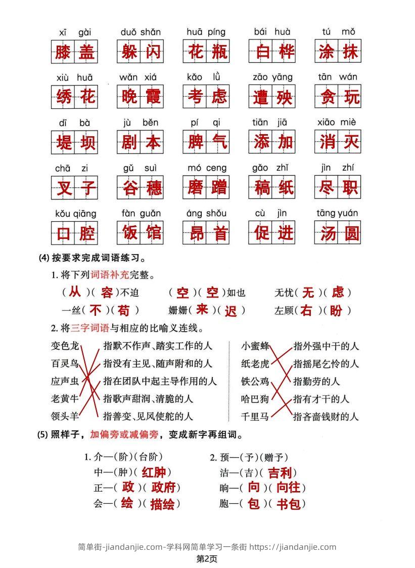 图片[2]-√四年级下册语文期中归类整合复习卷，考查内容1-4单元-简单街-jiandanjie.com