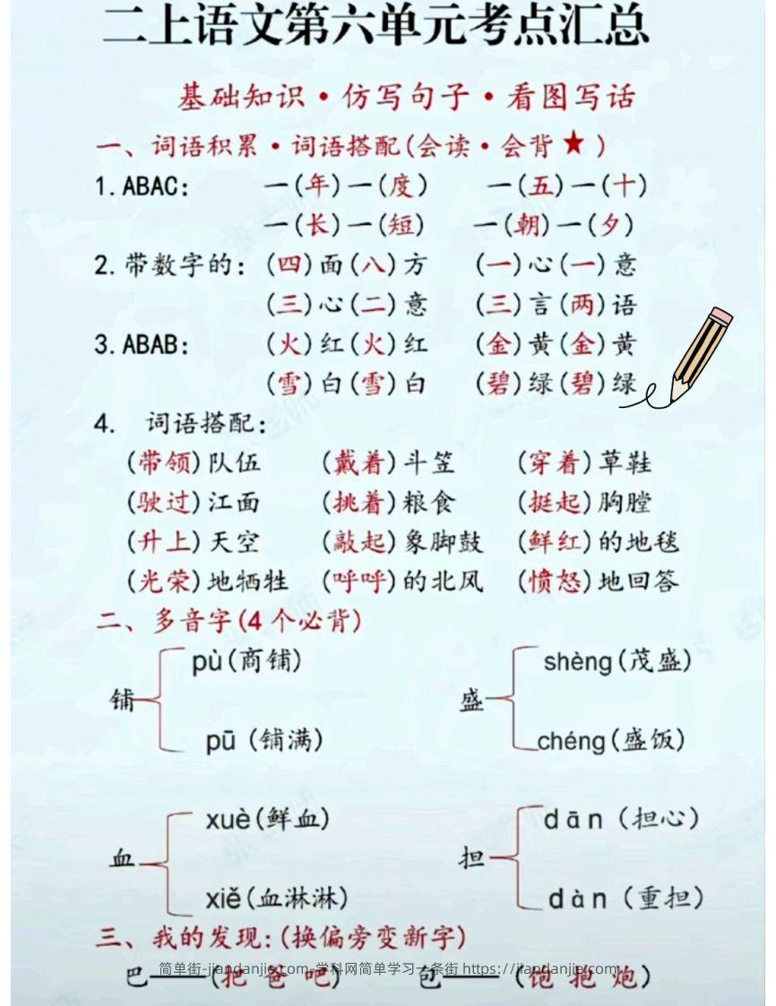 图片[1]-二上语文第六单元考点汇总-简单街-jiandanjie.com