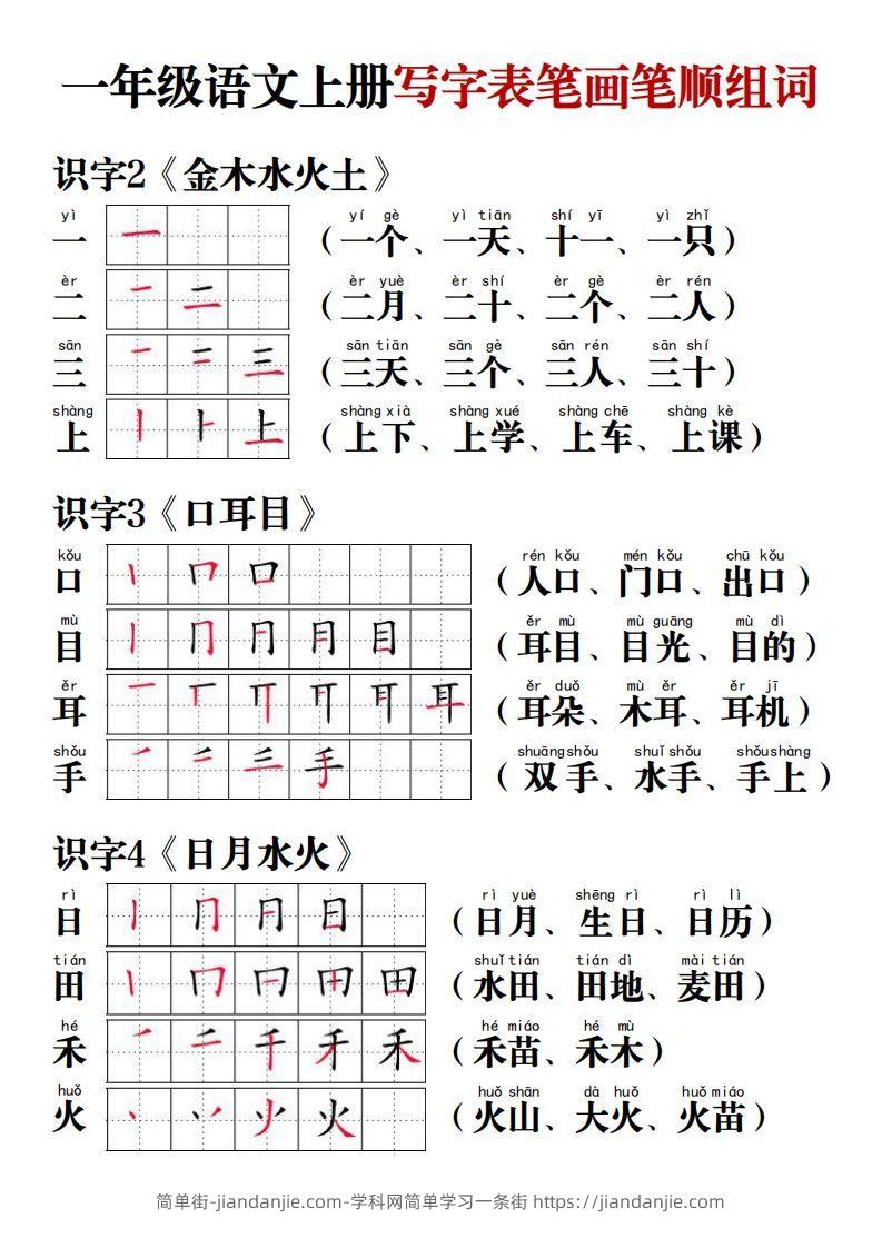 图片[1]-【写字表笔画笔顺组词】一上语文-简单街-jiandanjie.com