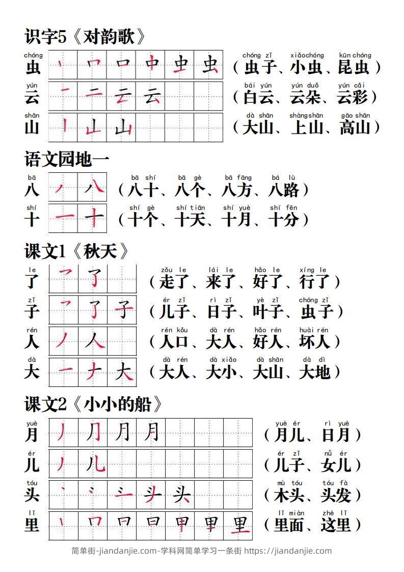 图片[2]-【写字表笔画笔顺组词】一上语文-简单街-jiandanjie.com