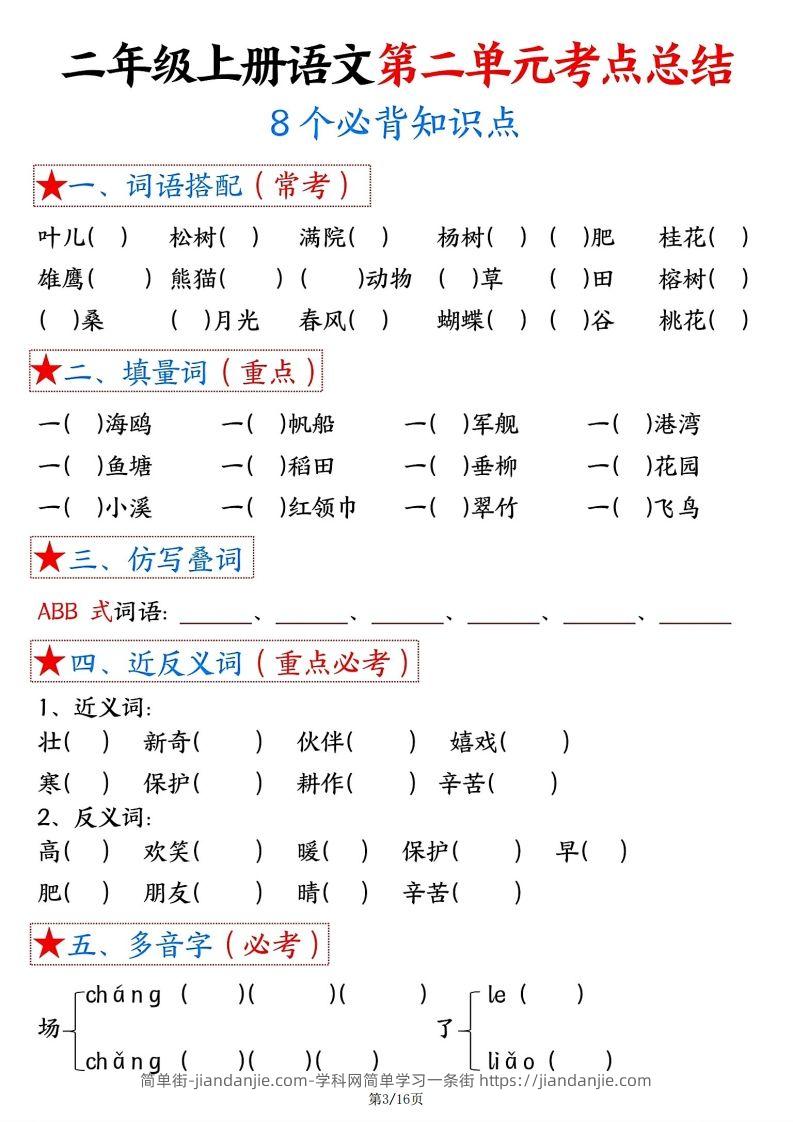 图片[3]-【空白版】二年级上册语文1-8单元考点总结-简单街-jiandanjie.com