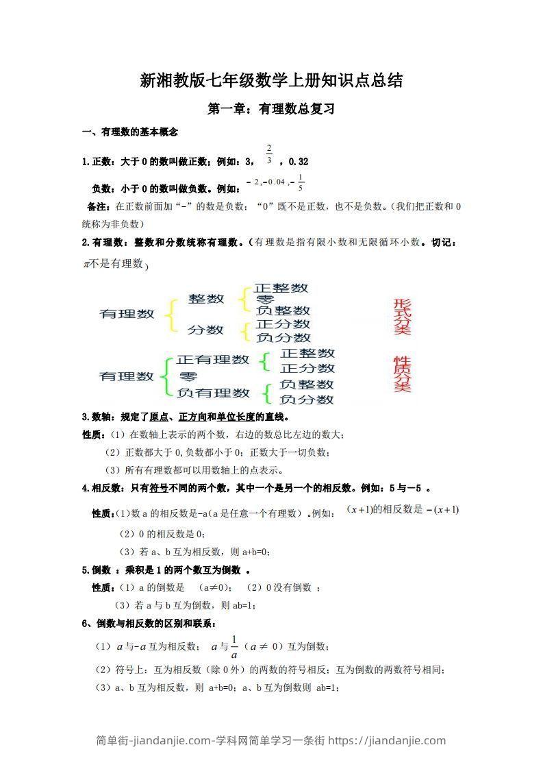 图片[1]-湘教版数学七年级上册知识点汇总-简单街-jiandanjie.com