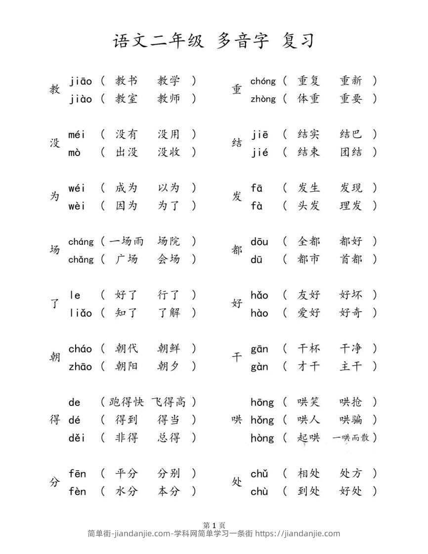 图片[1]-二下语文【多音字汇总归纳】-简单街-jiandanjie.com