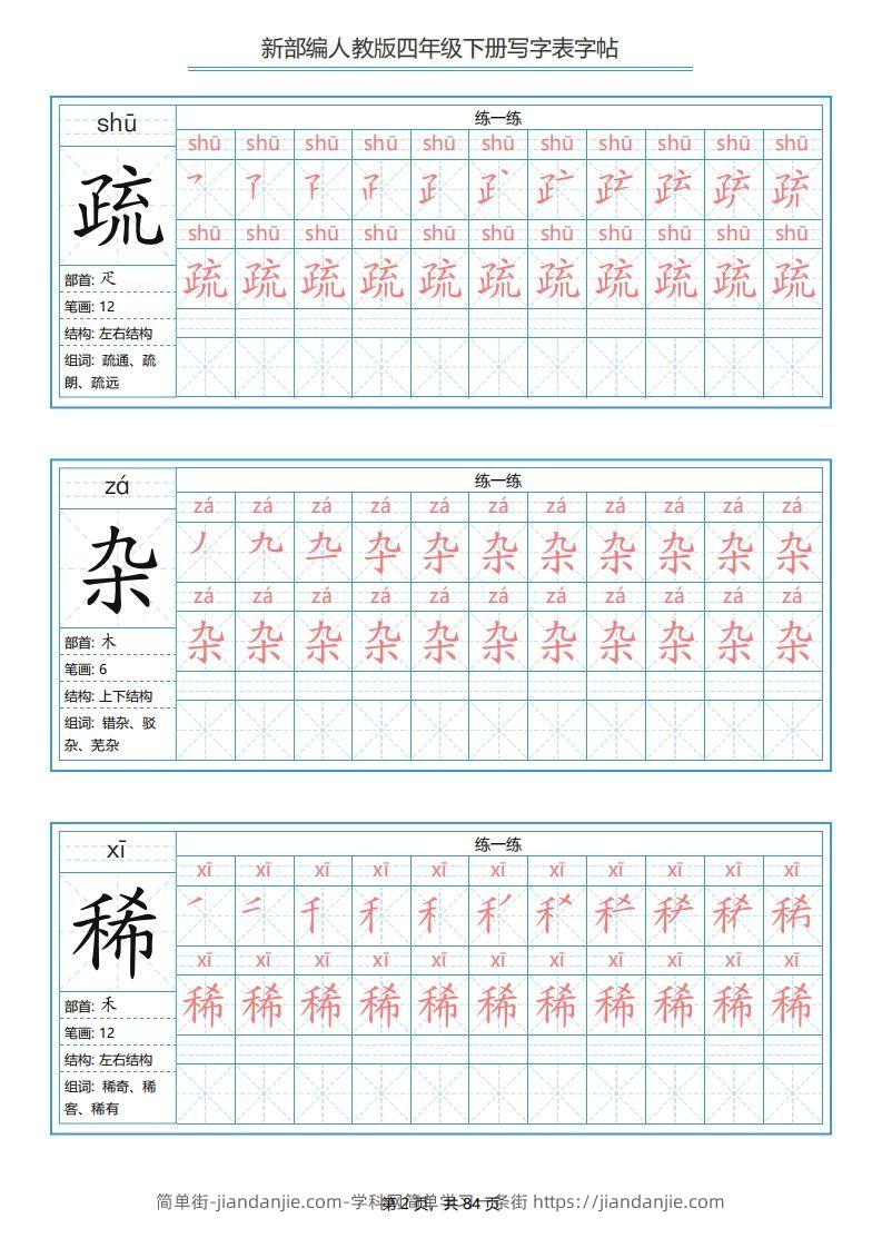 图片[2]-四年级语文下册写字表字帖（84页）PDF（部编版）-简单街-jiandanjie.com