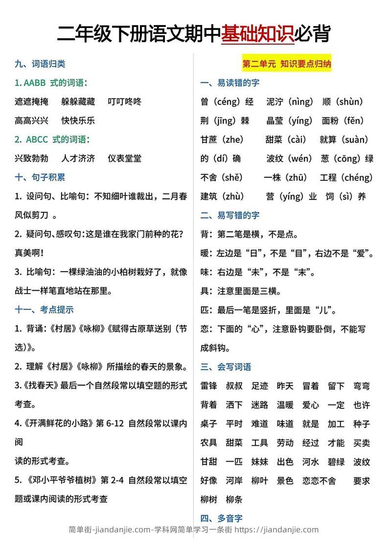 图片[2]-二年级下册期中基础知识必背-简单街-jiandanjie.com