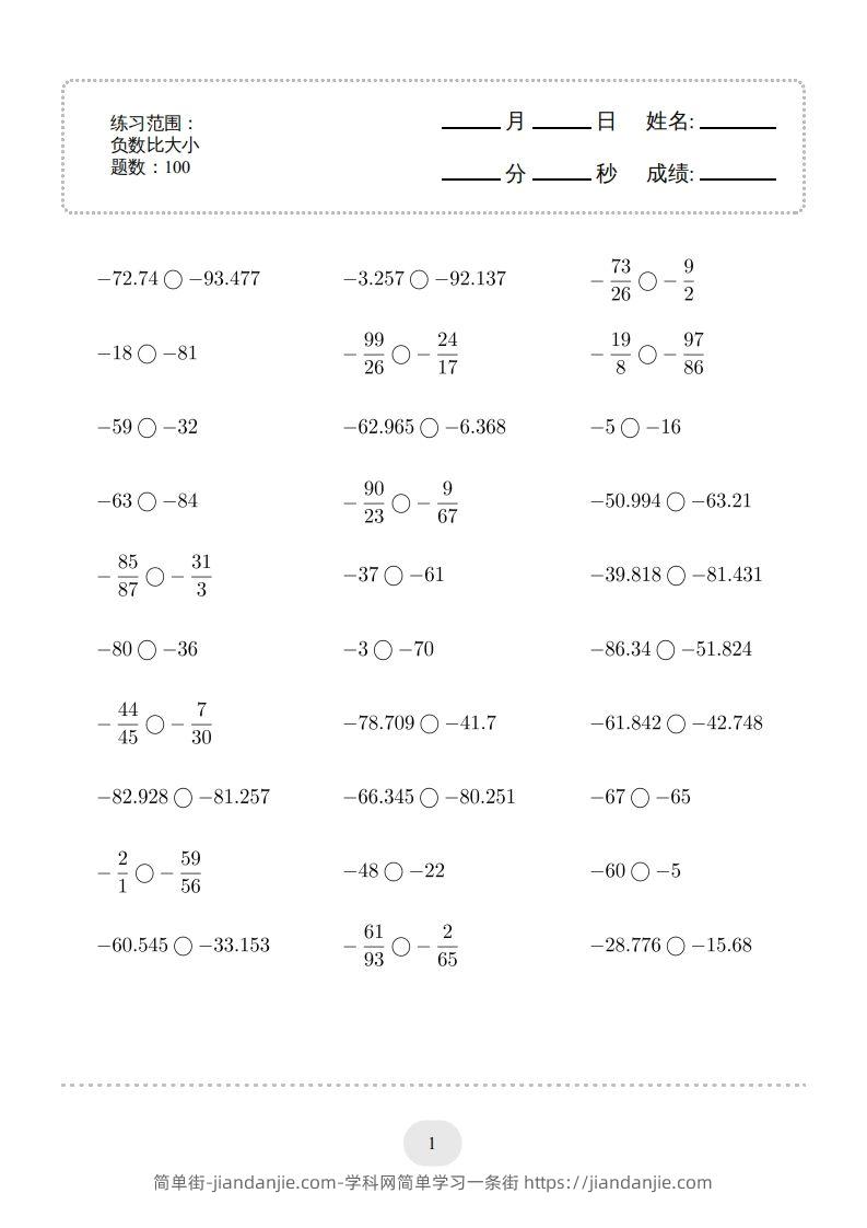 图片[1]-六年级数学下册口算题(负数比大小)1000题（人教版）-简单街-jiandanjie.com