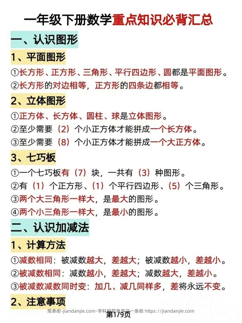 图片[1]-数学一年级下册必背知识点汇总（简洁版）-简单街-jiandanjie.com