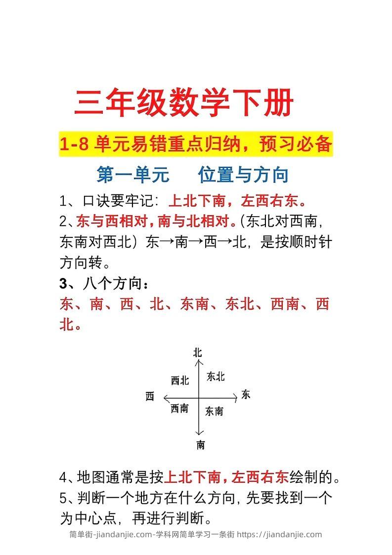 图片[1]-三年级数学下册1-8单元易错重点归纳-简单街-jiandanjie.com