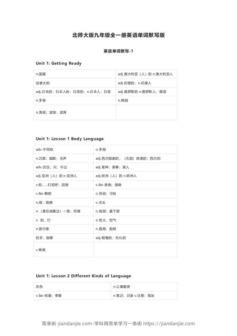 北师大版九年级上册英语单词默写表-简单街-jiandanjie.com