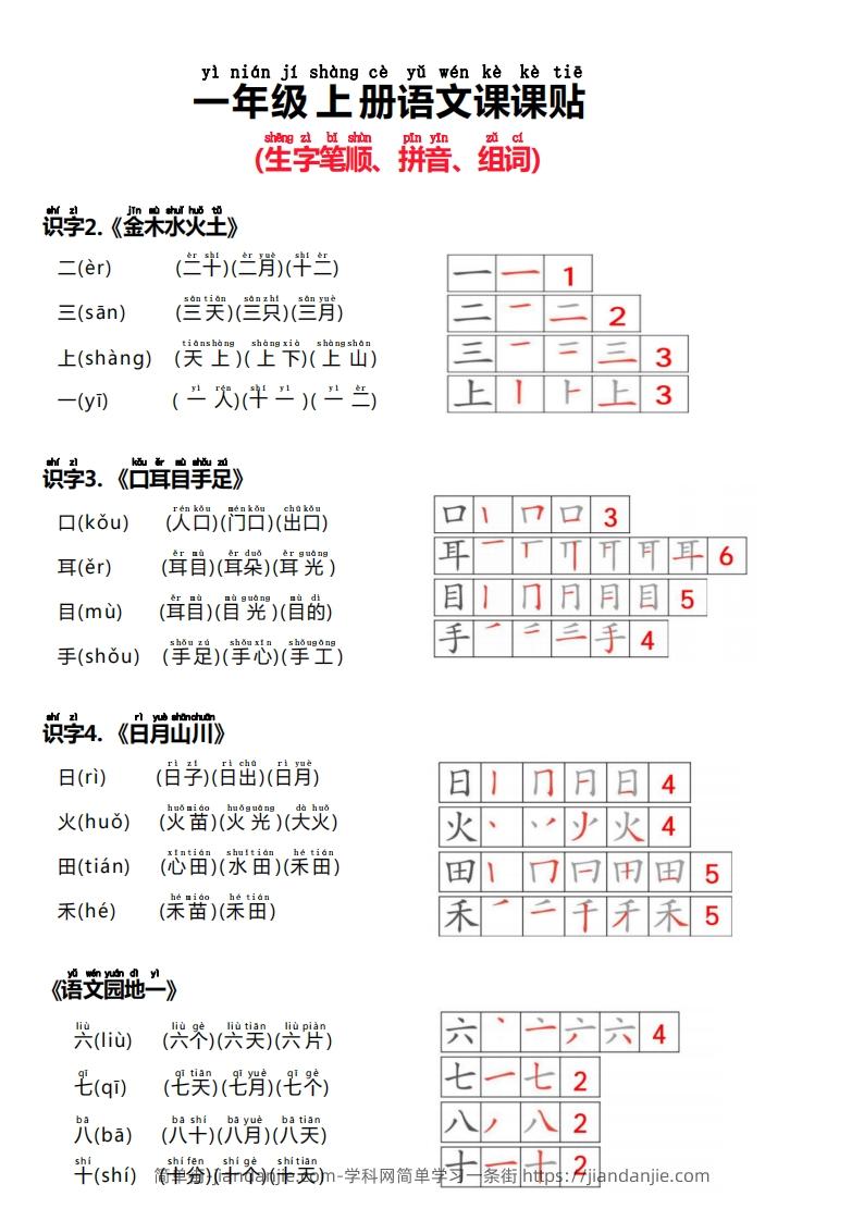24秋新版一上语文课课贴（生字笔顺、拼音、组词）-简单街-jiandanjie.com