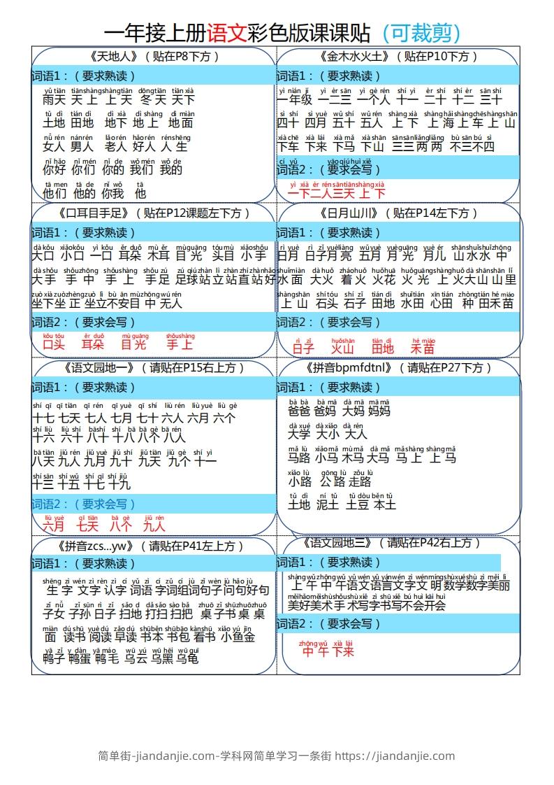 24秋一年级上册语文彩色课课贴-简单街-jiandanjie.com