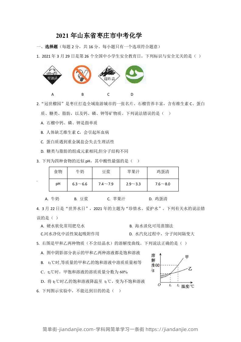 2021山东枣庄中考化学原卷-简单街-jiandanjie.com