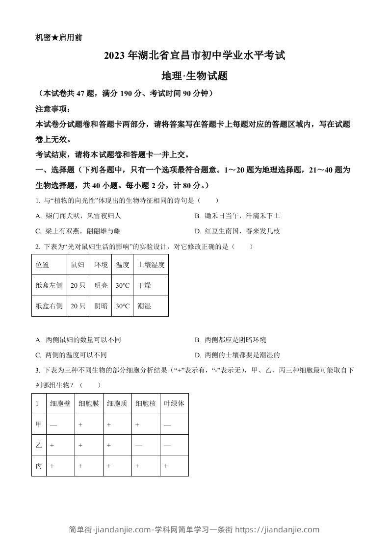 2023年湖北省宜昌市中考生物真题（空白卷）-简单街-jiandanjie.com
