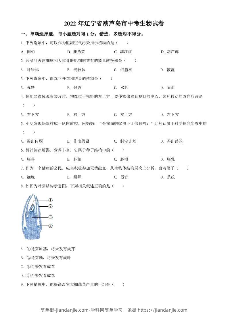 2022年辽宁省葫芦岛市中考生物真题（空白卷）-简单街-jiandanjie.com
