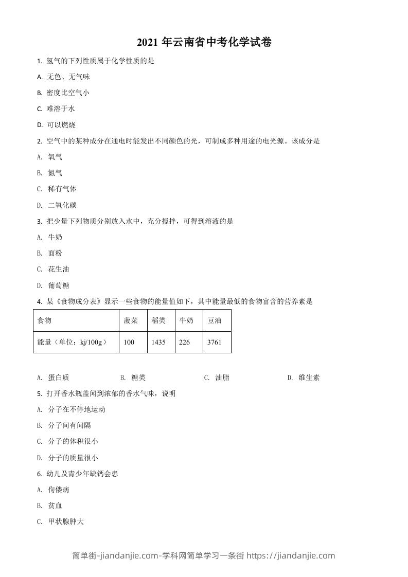 云南省2021年中考化学试题（空白卷）-简单街-jiandanjie.com