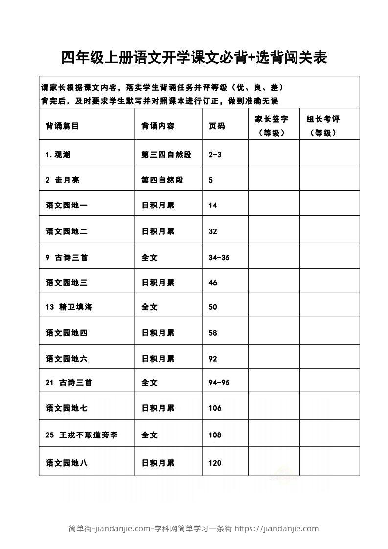 四（上）语文开学课文必背+选背闯关表-简单街-jiandanjie.com