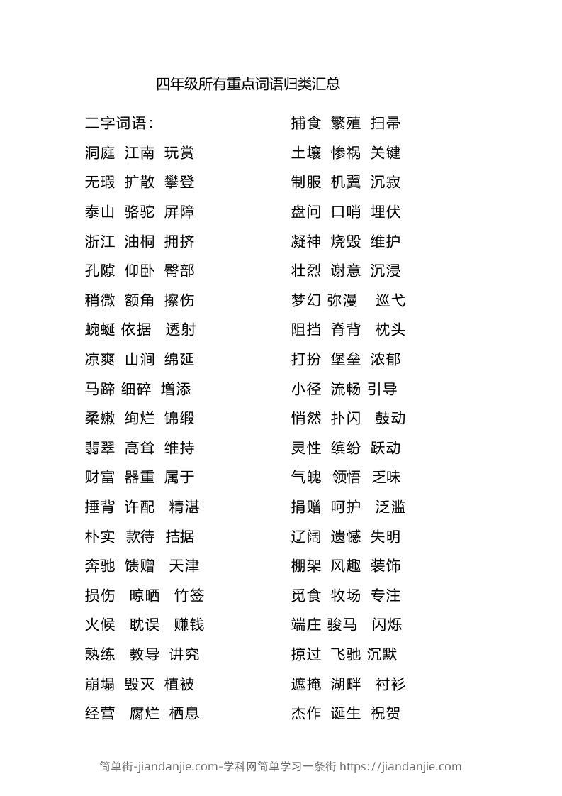 四（上）语文重点词语归类汇总-简单街-jiandanjie.com